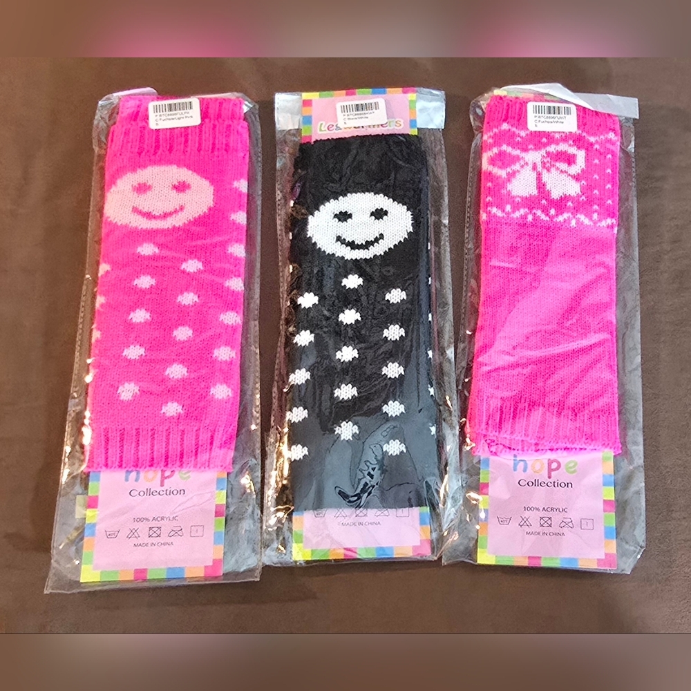 3 Pair Leg Warmers - Pink, Black, White Smiles & Bows Polka Dot